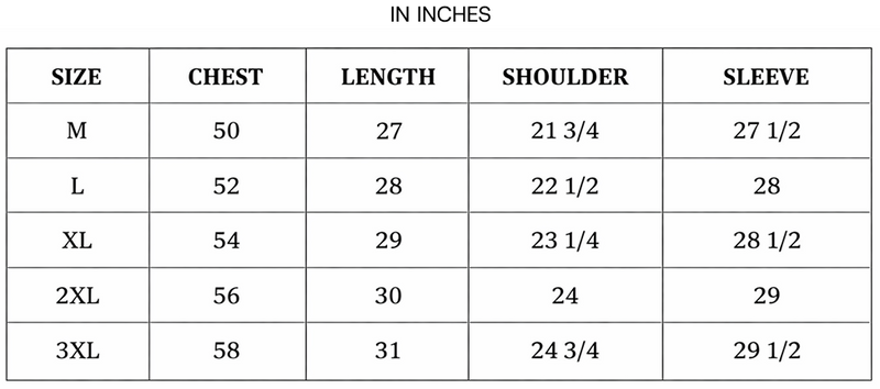 Zeel Jacket Size Chart