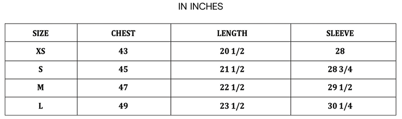 Zeel Jacket Size Chart