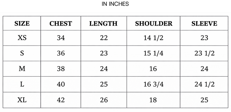 Zeel Jacket Size Chart