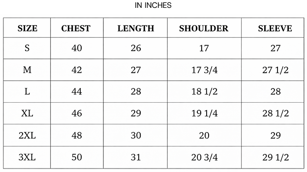 Zeel Jacket Size Chart